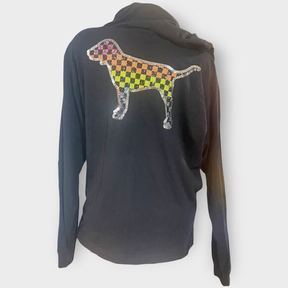 Victoria's Secret PINK Lg Checkered Bling Pup Hooded Tee Black GUC - Picture 1 of 7